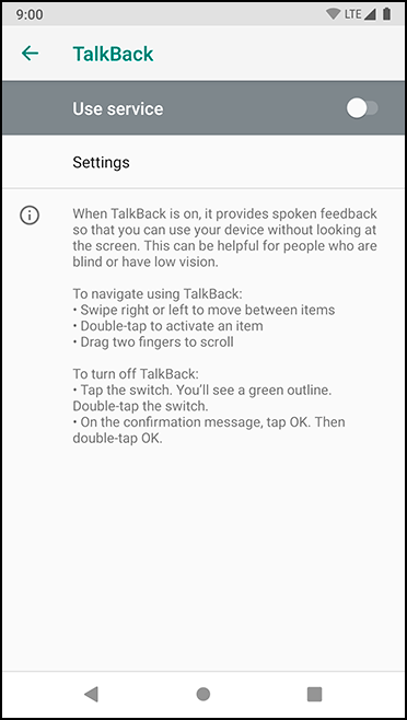 TalkBack settings screen