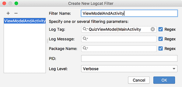 Filtering QuizViewModel and MainActivity logs