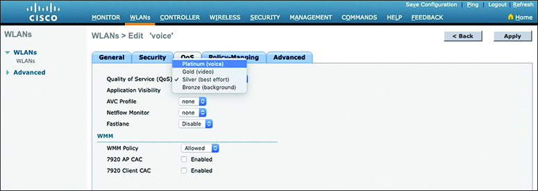 A screenshot depicts setting the QoS policy for a wireless LAN. In the screenshot of CISCO, a new WLAN named 'voice' is created. The QoS tab is clicked and 'Platinum (voice)' policy is selected.