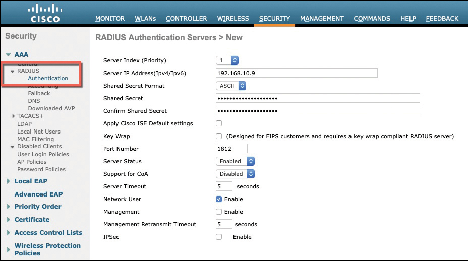 A screenshot of the Wireless LAN Controller GUI illustrates defining a new radius server.