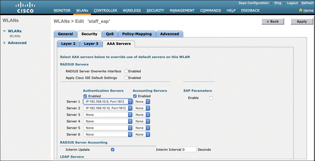 A screenshot of the Wireless LAN Controller GUI illustrates authenticating clients by selecting RADIUS servers.
