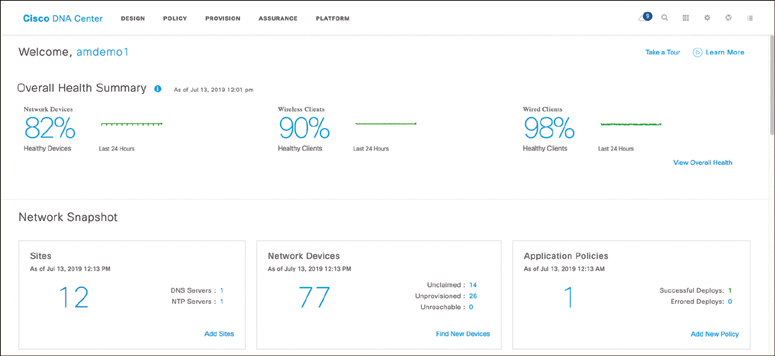 A screenshot shows the Cisco DNA Center main page. The page shows the overall health summary and network snapshot details for a user "amdemo1." The Network devices 82 percent healthy devices, wireless clients 90 percent healthy clients, and wired clients 98 percent healthy clients are mentioned within the overall health summary. The details of sites (12), networks (77), and application policies (1) are mentioned within the network snapshot.