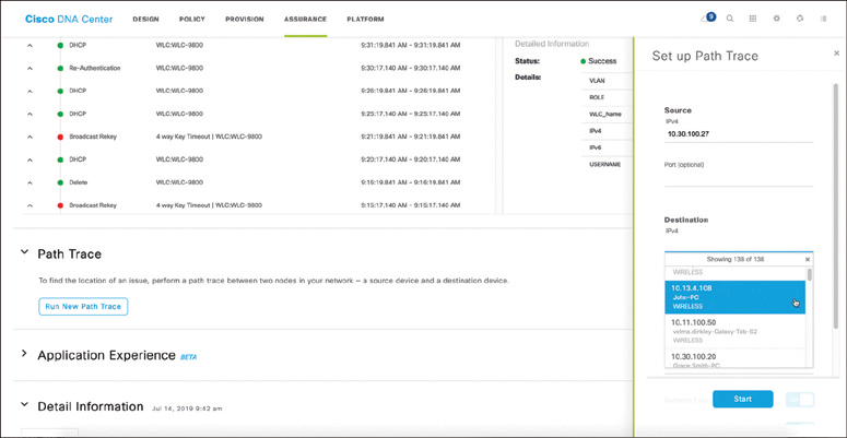 A screenshot of the Cisco DNA Center shows the options present within the Assurance tab.