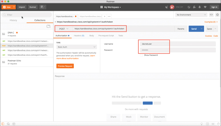 An online Postman page is shown for setting up Postman to authenticate with the Cisco DNA Center Control.