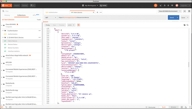 A screenshot of the Postman My Workspace shows the HTTP GET. The Collections pane is open to the left of the screen. The JSON script is present on the main screen.