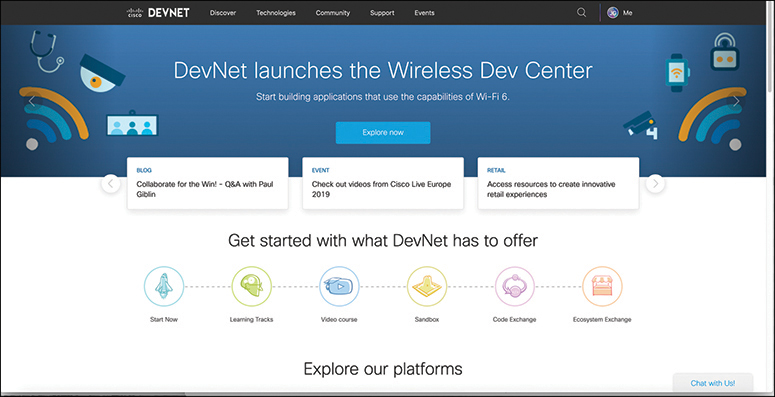 The DevNet main page is shown.