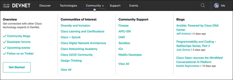 The DevNet Community web page is shown.