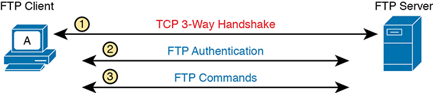 A figure illustrates the client/server model for file transfer. This consists of three processes involving the FTP client and the FTP server. They are (1) TCP 3-Way Handshake (2) FTP Authentication (3) FTP Commands.
