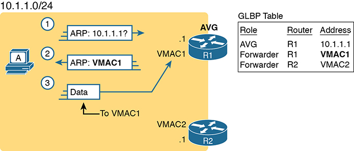 A diagram shows the GLBP directing the three messages sent between the host and the AVG (R1).