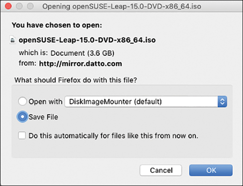 An overview of saving the openSUSE ISO file to disk is shown. The open "openSUSE ISO file" dialog shows the details of document size and location at the top. Two radio buttons are shown, where the "save file" option is selected. Further, OK (selected), and cancel buttons are provided at the bottom.