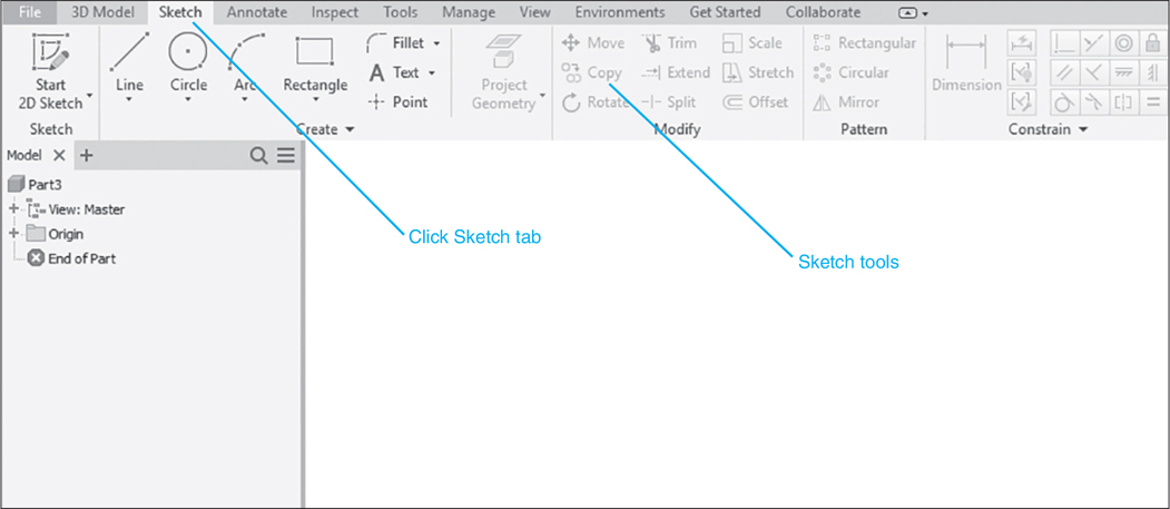 A screenshot shows the sketch tools in Autodesk. The sketch tab is selected. Various sketch tools are listed in the panels, create, modify, pattern, and constrain.