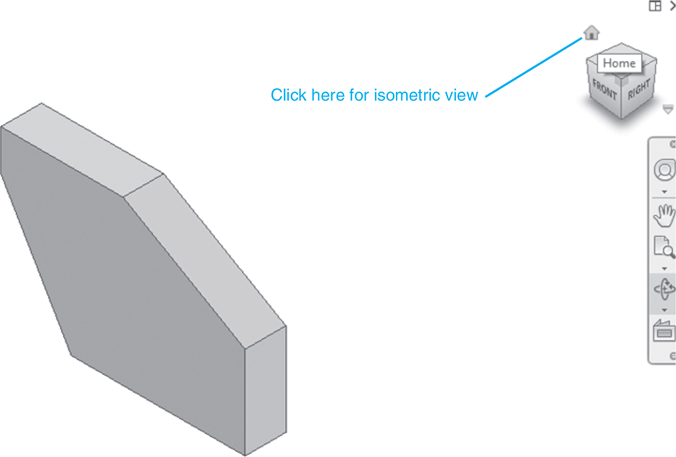 A figure shows the three-dimensional body resting on one of its narrow faces. In the previous step, the block is rotated along the free orbit. The home button above the view cube is clicked and the object returns to the isometric view.