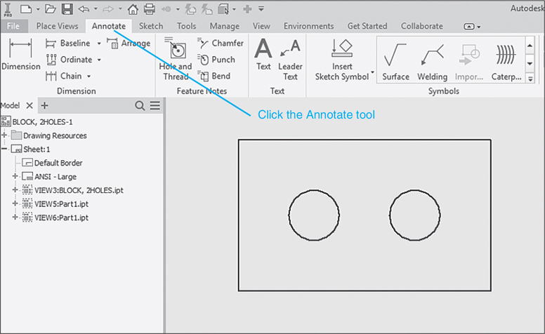 A figure depicts the options listed under the annotate tab of the drawing tool. The dimension tool is the first tool listed under this tab.