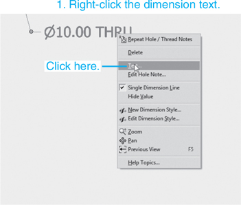 A figure depicts the addition of text to the hole dimension. Right-clicking the dimension text displays a menu wherein the "Text" option is selected.