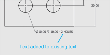 A screenshot depicts the resulting dimension after the text is been added to the drawing. The figure shows the text "2 HOLES" added near the dimension of the holes.