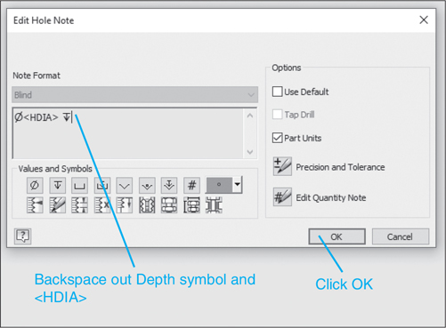 A screenshot depicts the Edit Hole Note dialog box. In the panel given below the field "Note format", backspace out depth symbol and <HDIA> and click the "Ok" symbol.