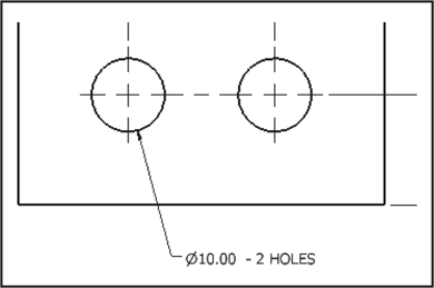A screenshot depicts the resulting hole dimension after editing using the edit hole option. The figure shows a rectangle with a hole on either side along with centerlines. The dimension of the circle is marked as "diameter 10.00 - 2 holes."