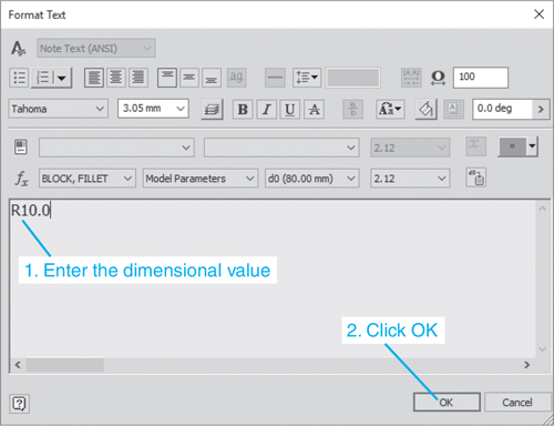 A figure depicts the format text dialog box. The dimensional value for the radius of the object is entered in the input field as "R10.0" and the "Ok" button at the bottom of the window is selected.