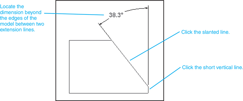 A snapshot of a model that includes a slanted surface is shown for depicting angular dimensions.