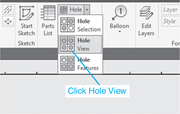 A figure depicts the selection of the hole view option from the hole tool located under the table panel under the annotate tab.