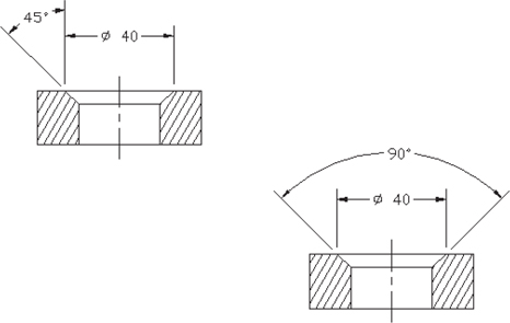 Two examples of internal chamfers are shown. In the first example, the diameter of the chamfer is 40 and it makes an angle 45 degrees with the vertical. In the second example, the diameter is 40 and the angle between both ends of the chamfer is 90 degrees.