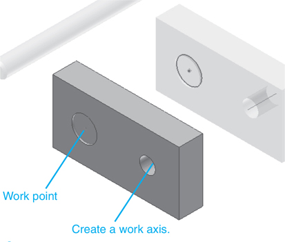 A figure shows the front and the back block. The bottom drill of the block is the work point and the work axis is created in the small hole.