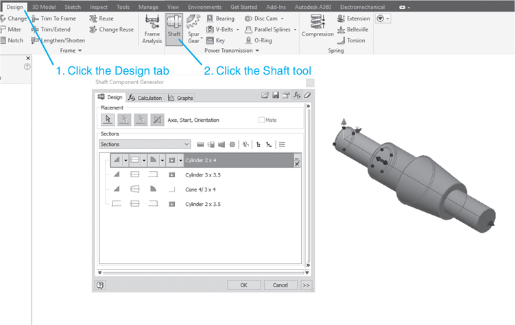 The shaft component generator in Inventor 2020 is illustrated in a screenshot.
