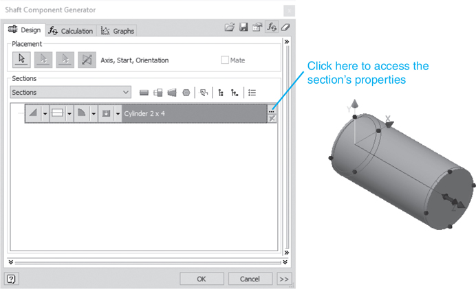 The shaft component generator dialog box and 3D model of a shaft are shown in a screenshot.