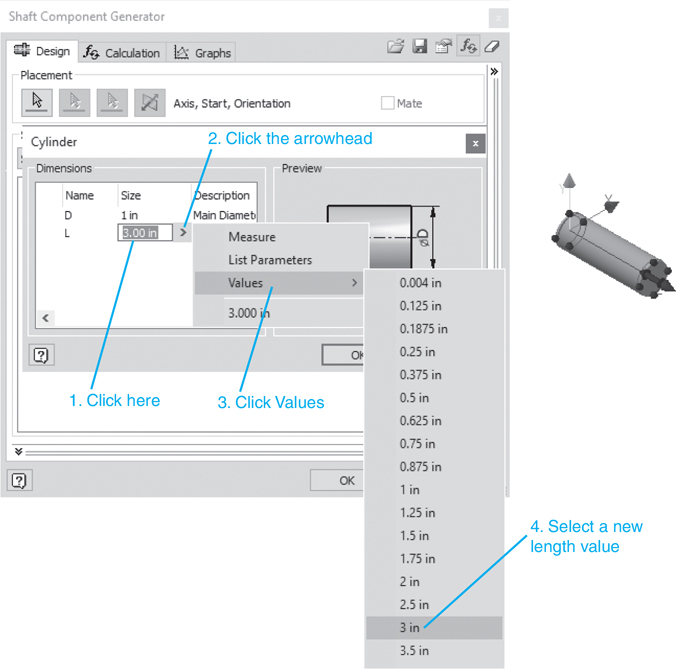 The cylinder dialog box, shaft component generator dialog box, and 3D model of the shaft are illustrated in a screenshot.