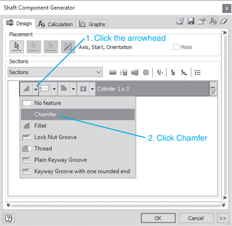 A screenshot represents the first edge feature in shaft component generator dialog box. The arrowhead near the first edge feature box is clicked. This opens a shortcut menu. The second option, chamfer is then clicked.