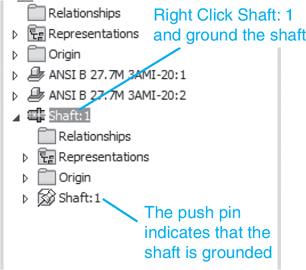 A screenshot shows the browser area box. The shaft: 1 option must be right-clicked. The shaft is grounded. The push pin in shaft:1 indicates that the shaft is grounded.