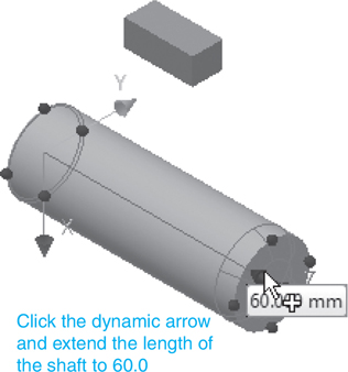 A figure shows the three dimensional models of a circular shaft and a rectangular key. One of the dynamic arrows on the YZ plane of the shaft is to be clicked and extended to a length of 60.0.