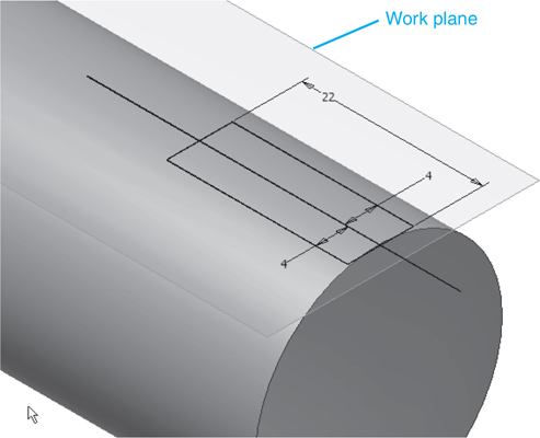 A diagram shows a shaft and a work plane to cut out a keyway in the shaft. The work plane is tangent to the shaft. A rectangle of length, 22 and breadth, 8 is drawn on the work plane.