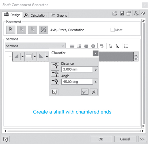 The chamfer dialog box is illustrated in a screenshot.