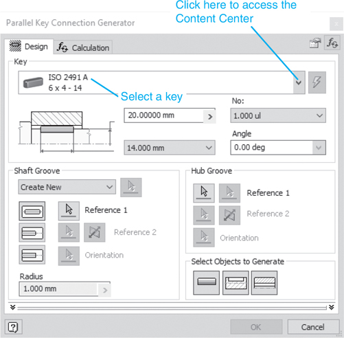 The parallel key connection generator dialog box is illustrated in a screenshot.