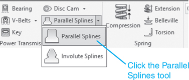 A screenshot shows the position of the parallel splines tool. The parallel splines tool drop-down list box is present under the power transmission panel. The parallel splines tool is clicked.