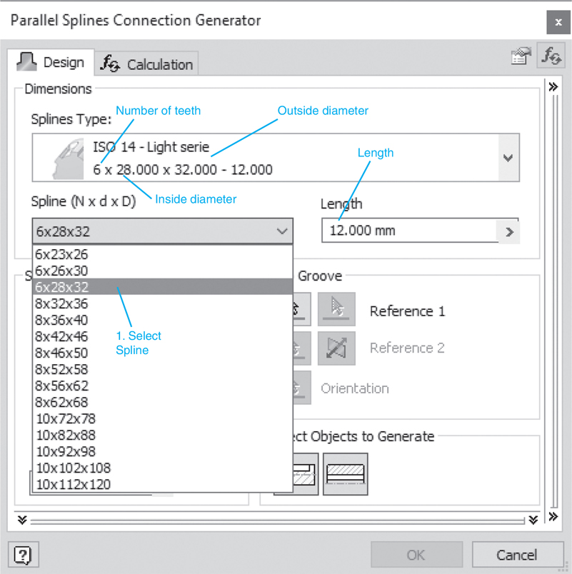 The parallel splines connection generator dialog box is illustrated in a screenshot.