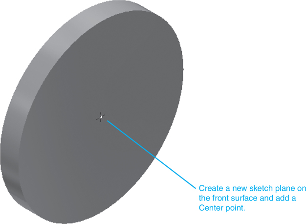 A diagram shows a hub. The center point on the front surface of the hub is labeled out and a text reads as follows. Create a new sketch plane on the front surface and add a center point.