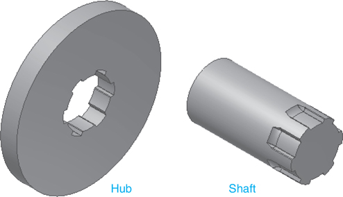A diagram shows a hub and a shaft. The center of the hub is cut to form grooves. One end of the shaft is cut to form splines.