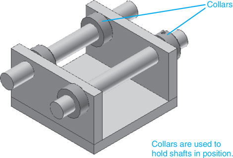 An assembly of shafts, collars, and support structure is illustrated in a figure.
