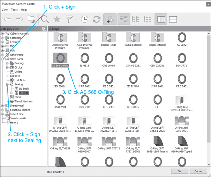 Various O-rings are shown in the place from content center dialog box.