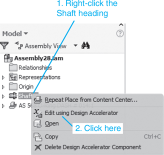 A screenshot illustrates the shaft heading in the browser box. The shaft heading is right-clicked. This opens a shortcut menu. The edit using design accelerator option must be clicked from the shortcut menu.