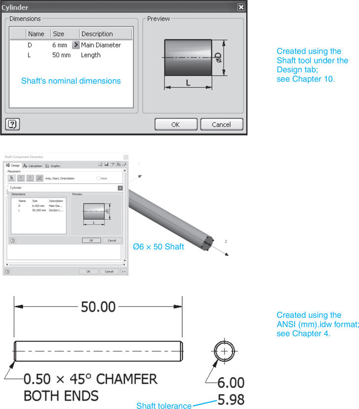 A shaft's nominal dimensions and tolerance values are depicted.