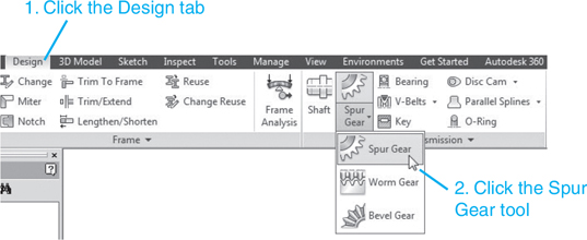 A screenshot displays the design tab menus in the ribbon section. The spur gear tool in the ribbon is selected.
