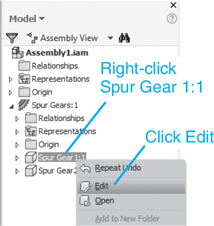 A screenshot displays the model drop-down box. The spur gear 1:1 option is right-clicked. The pop-up menu is displayed and the edit option is clicked.