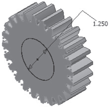 A figure shows the sketch of gear of diameter 1.250 units on a sketch plane. A text on the top reads, "Edit the value to 1.250 diameters."