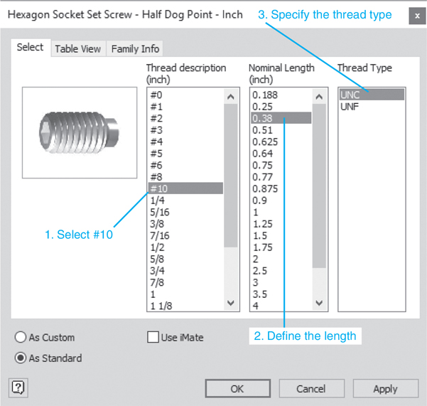 Screenshot of the hexagon socket set screw-Half dog point-inch window is displayed. The select tab is selected. The thread description (in inch) is set to number 10, the normal length (in inch) is set to 0.38, and the thread type is set to UNC.
