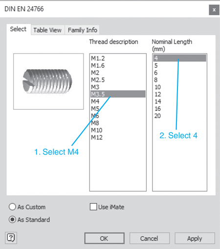 Screenshot of the DIN EN 24766 window is displayed. The screw is displayed on the right and the M4 is selected in the thread description and 4 millimeters is selected in the nominal length.