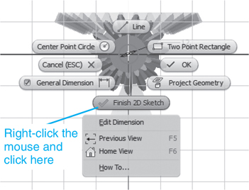 A figure displays various options on the figure and they are, line, two-point rectangle, finish 2D sketch, etcetera and the right-click are performed on finish 2D sketch and the menus edit dimension, previous view, home viewer, and how to appear.
