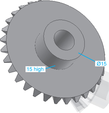 A figure shows the larger gear of the bevel gear with an extrusion that is 15 units high with a hole of diameter 15 units.